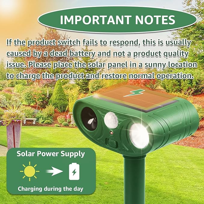 Solar Ultrasonic Animal Repellent Outdoor with Motion Sensor Strobe Light Deer Repellent Devices for Squirrel Rats Snakes Rabbit 25KHZ Silent Deterrent Dual Mode Yard Garden Lawn Pest Control 1PC