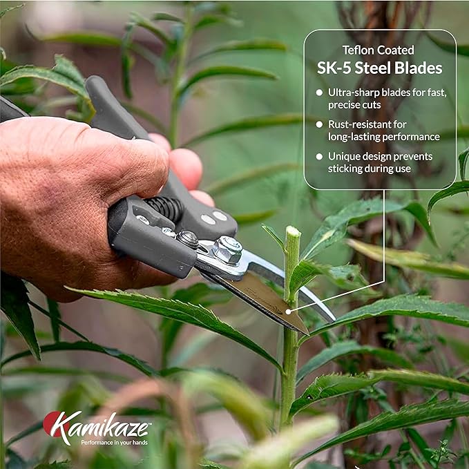 KAMIKAZE Heavy-Duty Professional Pruning Shears for Gardening, Ergonomic Comfort Handle, SK5 High-Carbon Steel Bypass Blade, Cuts Branches Up to 1 Inch, Garden Clippers for Tree and Shrub Trimming