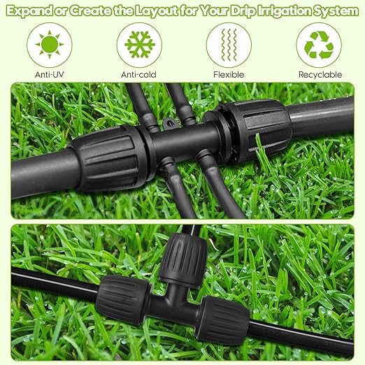 50 FT 1/2 Inch Drip Irrigation Tubing Kit-Drip Line Irrigation Hose 1/2 Inch with 1/2" to 1/4" Barbed Locked 6-Way & 1/2" Tee Connectors-Drip Tube Irrigation Fittings System Parts for Garden Watering