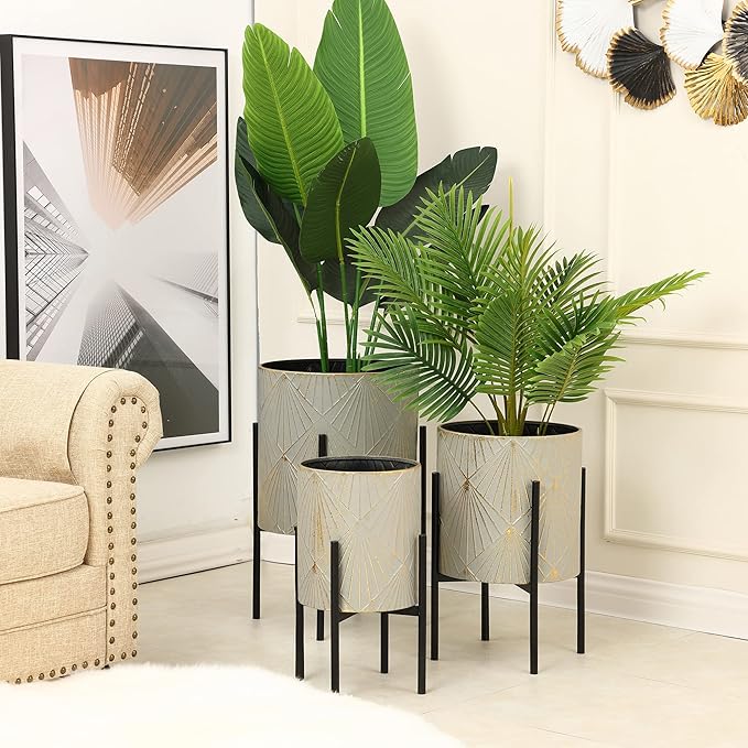 LuxenHome Planters for Indoor Plants, Set of 3 Floor Plants Pots with Stands, Modern Decorative Metal Flower Pots, Green Gray Cachepot Planters,10.5", 12", 14" Inch