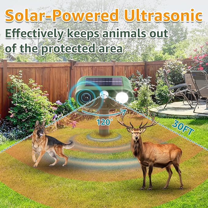 Solar Ultrasonic Animal Repellent Outdoor with Motion Sensor Strobe Light Deer Repellent Devices for Squirrel Rats Snakes Rabbit 25KHZ Silent Deterrent Dual Mode Yard Garden Lawn Pest Control 1PC