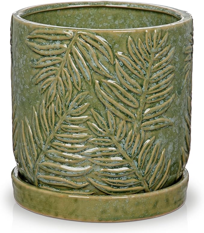 GnFlus 5.5 Inch Ceramic Planter Pots with Drainage Holes, Saucers for Indoor-Outdoor Plants, Succulent Orchid Flower Large Round Plant Pot Green