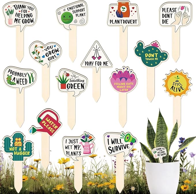 JUYRLE Funny Wooden Plant Labels - 15 Pack Tags for Succulents, Flowers, Greenery; Waterproof, Outdoor Garden Plant Markers; Perfect Gifts for Plant Lovers