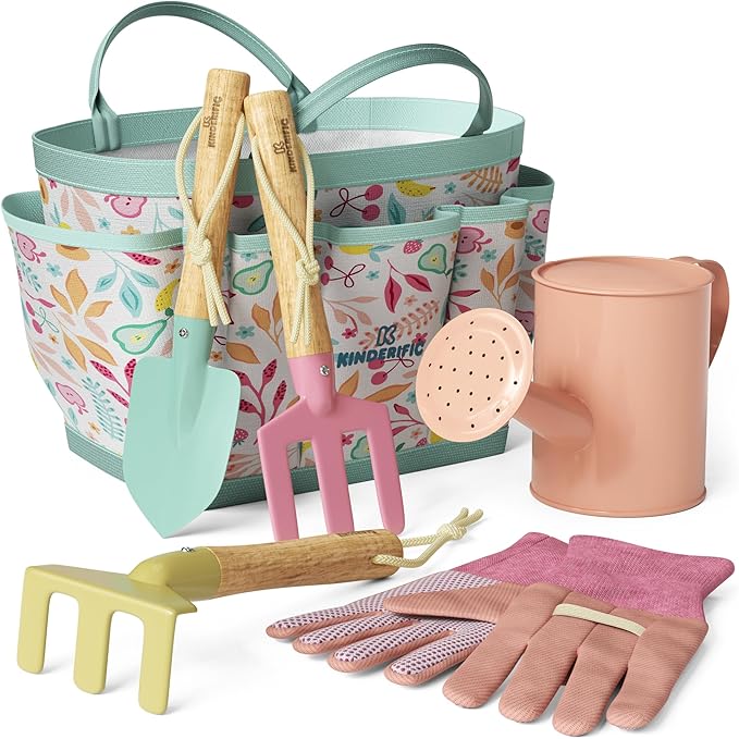 Kinderific Gardening Set, Tool Kit, for Kids, STEM, Includes Tote Bag, Spade, Watering Can, Rake, Fork, Trowel and Gloves, Fruity