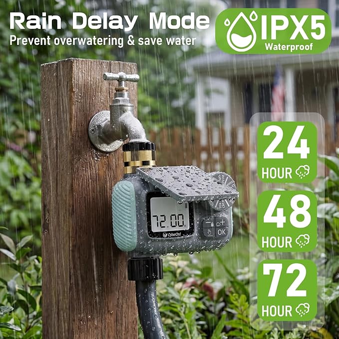 Solar Power Sprinkler Timer with Brass Inlet, CyberOrd Programmable Water Timer for Garden Hose, Hose Timers with Rain Delay/Manual/Automatic Watering System, Digital Irrigation for Yard, Lawn, Garden