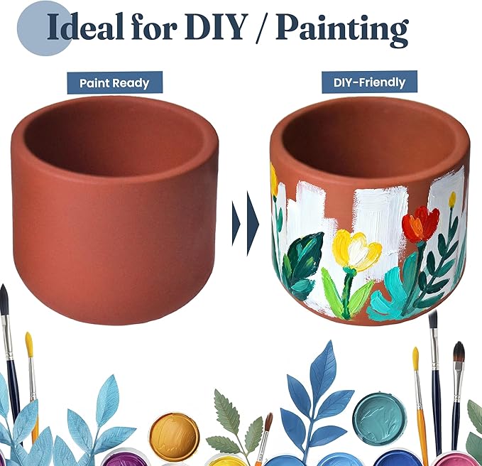 FINE Living 4 & 6 Inch Terracotta Pots for Plants, Set of 2, Ceramic Planter Clay Pots, Succulent Planter Pots with Drainage Hole and Mesh Net for Gifts, DIY Craft, Garden & Home Decor