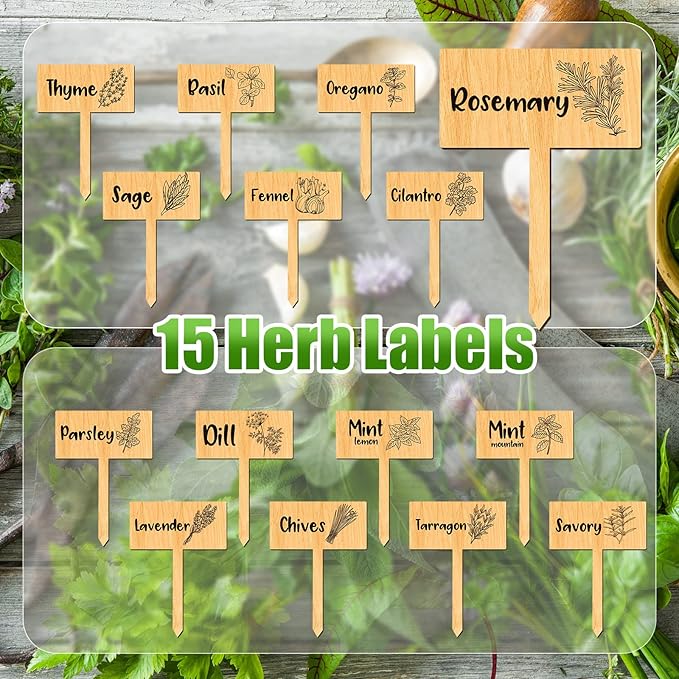 Bucherry 15 Pcs Garden Plant Label Signs, Wooden Herb Markers T Type with Printed Herb Name Waterproof Plant Marker Stakes for Indoor Outdoor Garden Seedlings Flowerpot Potted