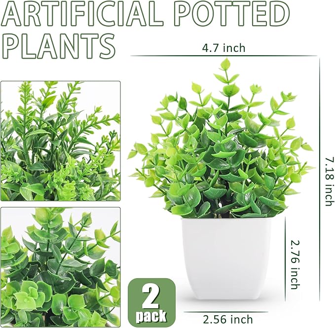 2 Pack Small Fake Plants Artificial Greenery Plants in Pots for Home Bedroom Bathroom Farmhouse Kitchen Decor Indoor