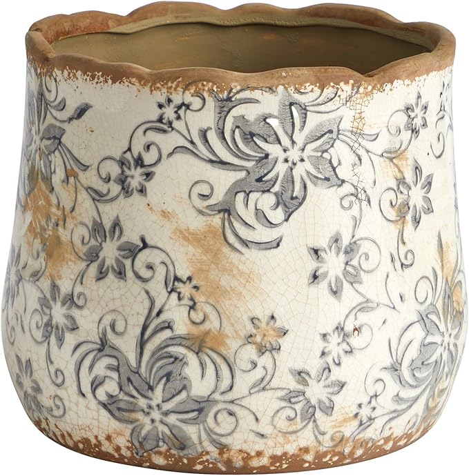 Nearly Natural 7in Ceramic Decorative Planter Tuscan Style Gray Scroll Design for Indoor Home Shelf Table Decor