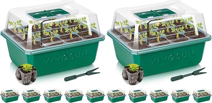 VIVOSUN 12-Pack Seed Starter Trays, 72-Cell Seed Starter Kit with Humidity Dome, Flat Reusable Plant Germination Trays with Drain Hole, Green Propagation Tray for Planting Seeds