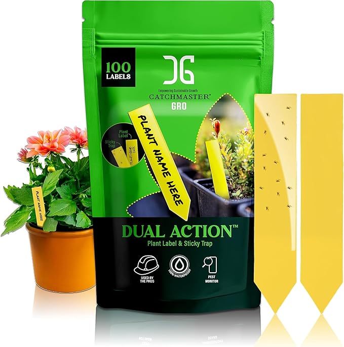 Catchmaster Dual Action Plant Labels 100 PK, Sticky Insect Trap Plant Stakes, for Live Plants Indoor Outdoor, Fruit Fly Trap, Glue Traps for Home, Farm, Garden, Hydroponics & Greenhouse, Pest Control