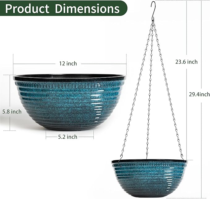Vanslogreen 12 inch Hanging Planters for Indoor Outdoor Plants, 2 Pack Large Hanging Flower Pots with Drainage Holes and Chain, Glazed Hanging Baskets for Home Garden Decoration, Blue