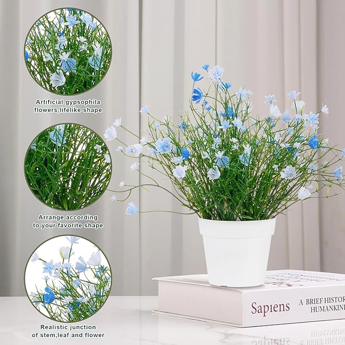 Artificial Babys Breath Potted Fake Plants with Flowers Faux Plants Indoor for Home Office Bookshelf Table Room Decor, Blue (Pack of 2)