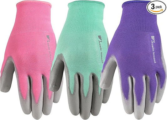 Wells Lamont Gardening Gloves for Women – Breathable Polyester, Seamless Fit – PU-Coated Palm for Grip & Durability – Elastic Wrist – Pink/Green/Purple