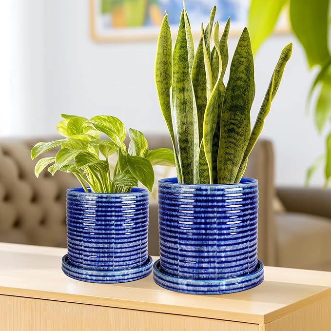 EFISPSS Ceramic Planter Pots, 6+8+10 Inch Planters for Plant Outdoor, Flower Pots with Drainage Hole and Saucer, Planter Pots for Home Garden Patio, Set of 3 - Blue