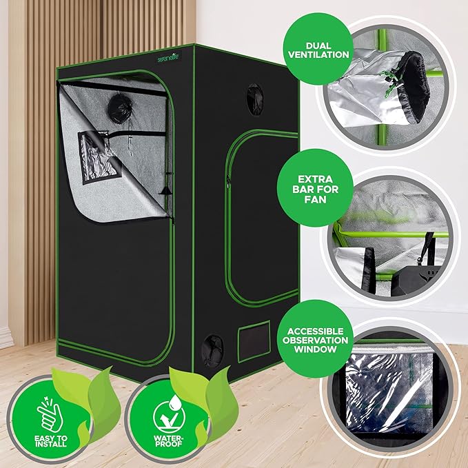 SereneLife Medium Hydroponic Grow Tent Garden - 48'' x 48'' x 80'' Indoor Plant Growing System w/ Durable Reflective 600D Mylar, Observation Window - Includes Removable Floor Tray, Pole Shelf