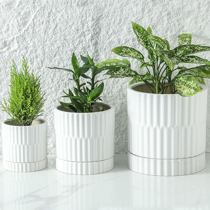 HASENSE Plant Pots - 8+6+4.6 Inch White Vertical Textured Ceramic Planters Set of 3 with Drainage Hole, Decorative Flower Pots for Indoor Plants, Herbs, Succulents, Home Office Desktop Garden Decor