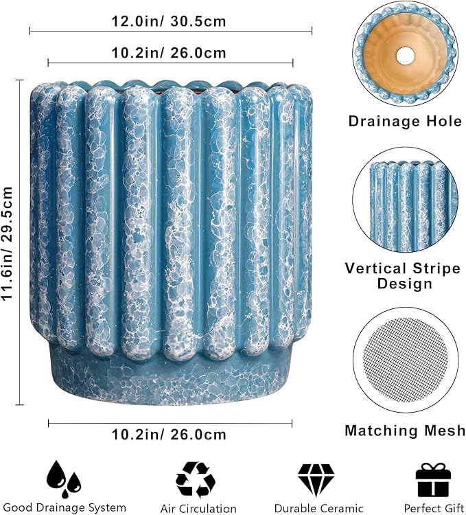 Ceramicfor Ceramic Pots for Plants - 12 Inch Planter with Drainage Hole, Round Large Flower Pots for Indoor Plants Outdoor, Fluted Decorative Ceramic Planter, Home Office Decor, Garden Gifts, Blue