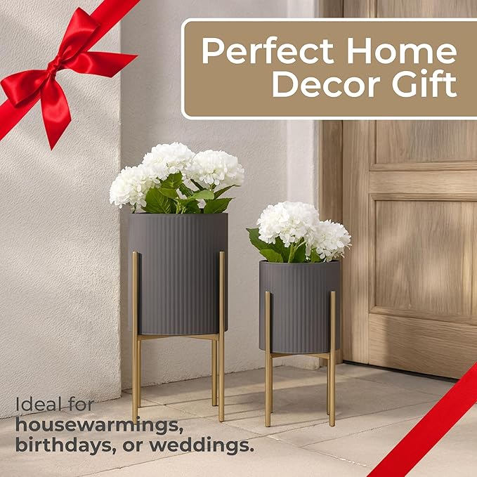 Decorative Flower Pots with Metal Stand for Home Decor - Modern Planters for Hallway, Entryway, and Living Room Decor - Indoor and Outdoor Pots for Plants - Set of 2, 23", 19", Gray & Gold