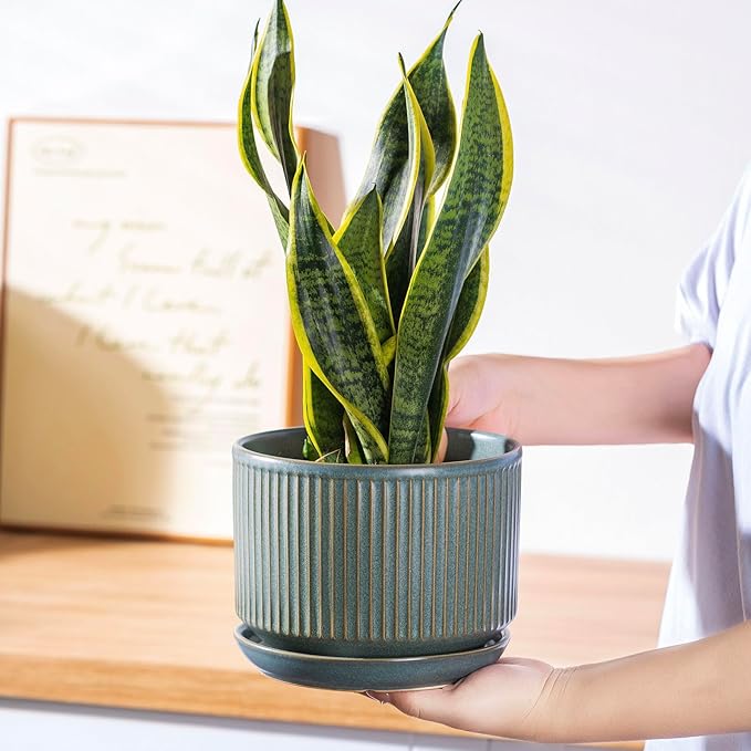 Green Ceramic Plant Pots Set of 3, 4.3+5.5+6.7 Inch Indoor Flower Pots with Drainage Hole & Saucer & Hole Mesh Pads, Striped Decorative Planter Set for Indoor Plants, Gardening Pots & Accessories