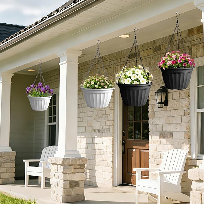 FGstyle Hanging Planters 10 Inch, 6 Pcs Self Watering Pots for Indoor Plants, Plastic Hanging Basket with Soil Elevator and 20" Chain for Home Garden Porch Balcony Patio Decor (Black & White)