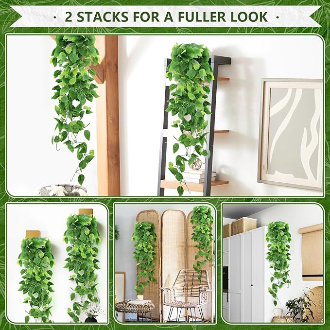 2-Pack Fake Hanging Plants, Faux Hanging Plant Artificial Greenery for Living Room Bedroom Boho Wall Shelf Indoor Outdoor Decor (Green Pothos Ivy Vines)