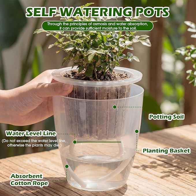 9 Pcs 3 Each of 5'', 6.5'', 7'' Clear Self Watering Plant Pots, Transparent African Violet Pots with Drainage Holes Plastic Wick Flower Planters for Indoor Flowers, Spider Plant, Orchid Pot