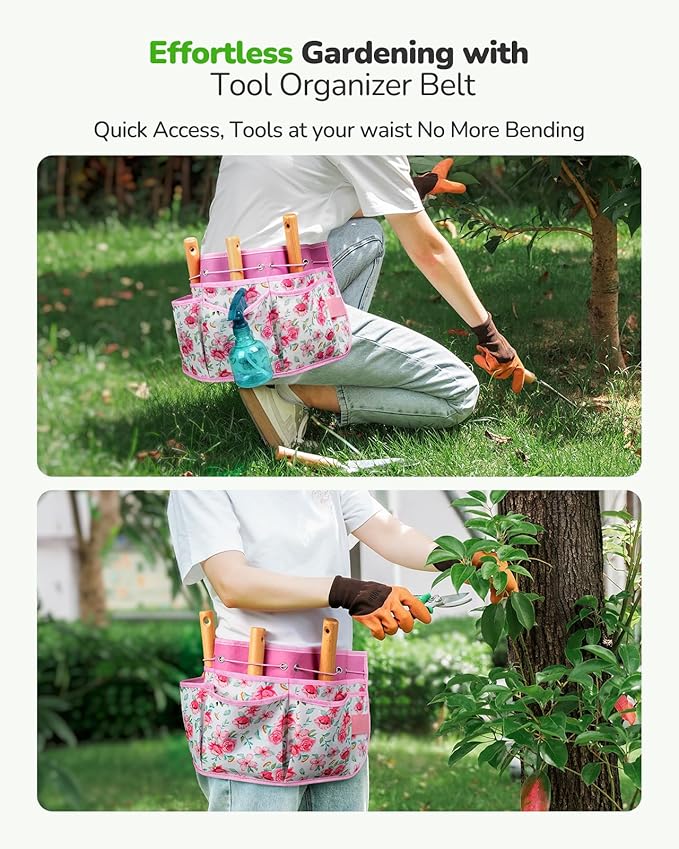 Grenebo All-in-One Garden Tool Set with Tools Organizer Belt Adjustable, 10-Piece Gardening Hand Tools, Long Lasting Rust-Proof Premium Garden Tool Kit, Gardening Gift for Women Men (Pink)
