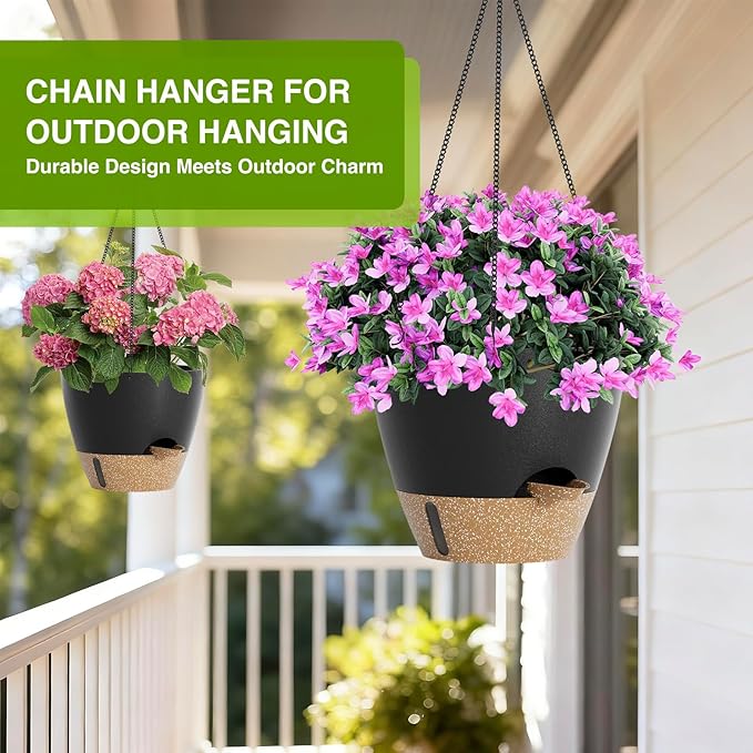 LEWESU Set of 2 Hanging Planters for Indoor Plants with Self Watering Includes Hanging Pots and 2 Types Plant Hangers, Outdoor Hanging Baskets Holder for Home Garden, 10 Inch Midnight Black