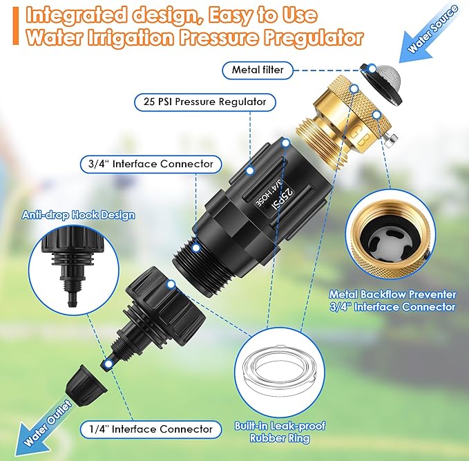 Drip Irrigation Faucet Adapter 25 PSI, 1/4" Tubing Quick Connect to 3/4" Garden Hose with Backflow Preventer, Filter, Tape, Pressure Regulator, Copper Drip Irrigation System Fittings (2 Pack)