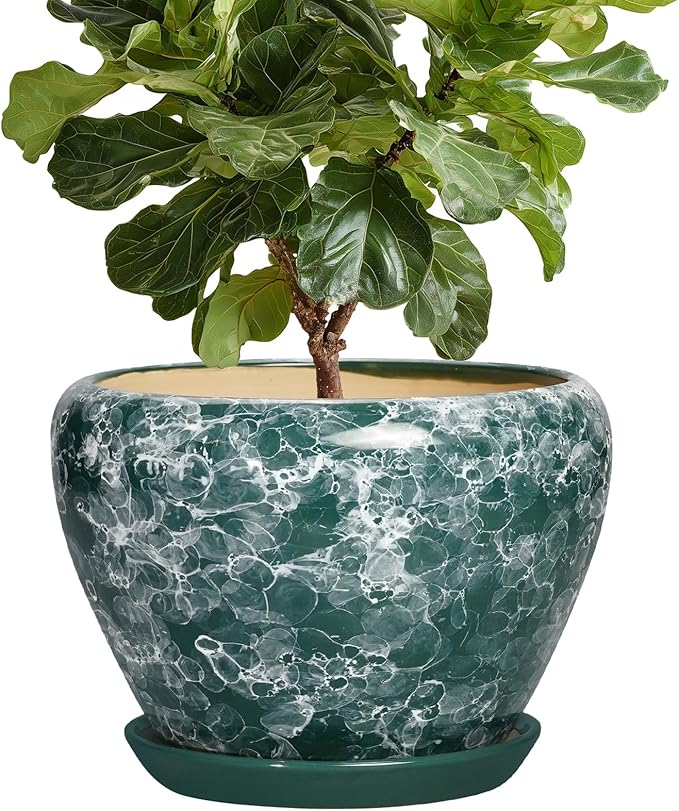 Ceramic Planter - 10 Inch Pots for Plants Indoor Outdoor, Decorative Modern Flower Pots with Drainage Hole and Saucer, Round Large Plant Pot, House Decor, Gifts for Gardeners, Bubble Green