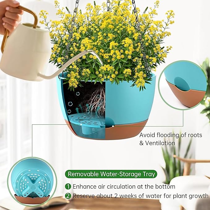 Set of 2 Hanging Planters for Indoor Outdoor Plants, 10 Inch Self-Watering Hanging Flower Pots with Drainage Hole & Removable Water-Storage Tray (Hooks)