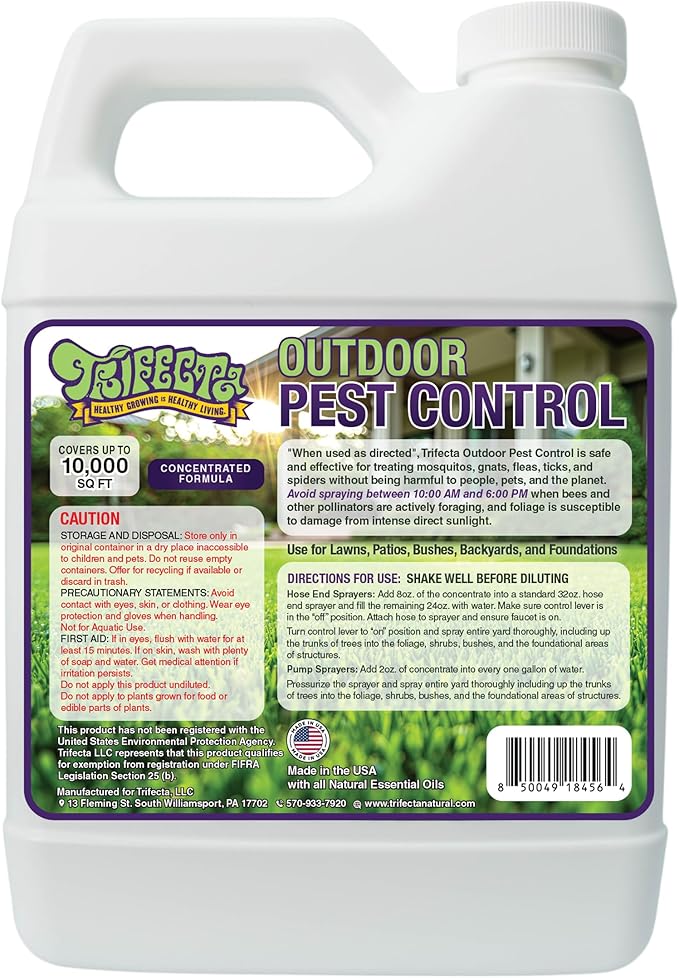 Trifecta Natural Outdoor Pest Control Yard Spray with Essential Oils | Mosquito, Ant, Flea, Tick, Gnat Killer on Contact & Repellent Treatment for Insects Bugs | Safe Around Kids & Pets | 16oz Conc