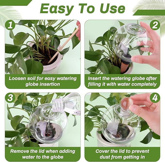 4pcs Plant Watering Globes with 4 Cleaning Brushes, Colorful Self Watering Bulbs (2 White, 1 Green, 1 Pink), Slow Release Water Spikes, Automatic Plant Watering Devices for Indoor Plants