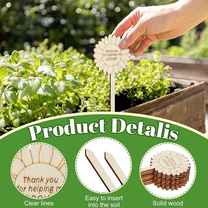 Sieral 50 Pcs Wooden Teacher Appreciation Plant Tags Sign, Thank You for Helping Me Grow, Sunflower Shape Plant Tags, Grow Succulent Gift Card Graduation Gifts Stakes Labels Garden for Baby Shower