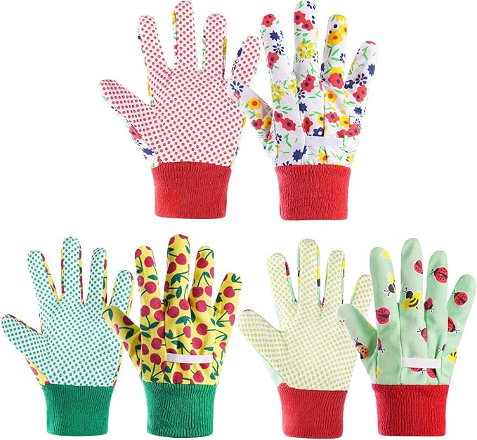 OSDUE Kids Gardening Gloves, 3 Pairs Medium, Age 6-9, Polyester Material, Floral Pattern, Suitable for Indoor and Outdoor Activities, Protective and Comfortable
