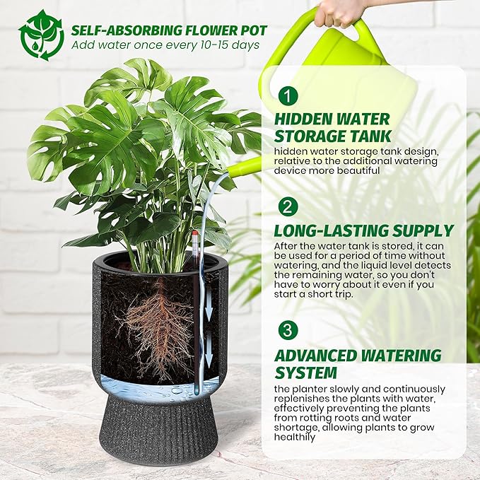 IDEALHOUSE Self Watering Planters Set of 2, 14.2 Inch Tall Outdoor/Indoor Flower Pots with Water Level Indicator, Large Modern Planter with Hidden Reservoir for Patio, Porch, Balcony,Black