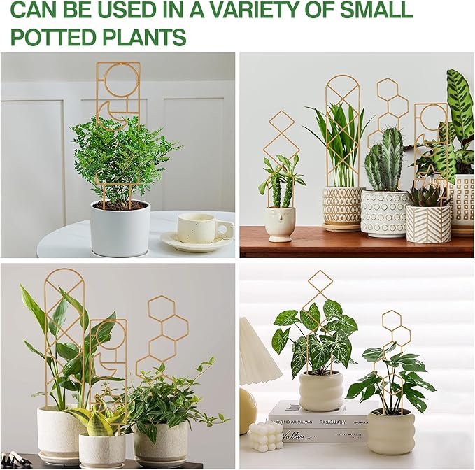 Wellsign Small Trellis for Potted Plants, 15.94 inch Gold Metal Plant Trellis for Climbing Plants Indoor, Pant Lattice for Ivy Vines Hoya Houseplants Flower 4 Pack