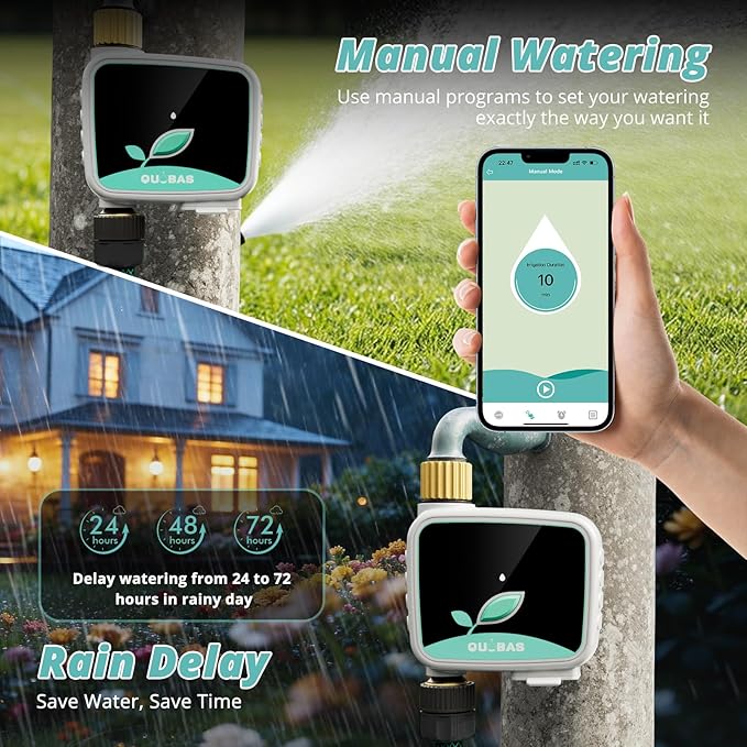 QUOBAS Smart WiFi Water Timer for Garden Hose, 1 Zone Brass Sprinkler Timer with App Control & Rain Delay/Auto/Manual 3 Modes for Drip Irrigation, Pool & Lawn, Battery Powered