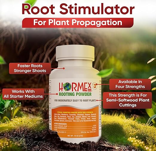 Hormex Rooting Powder #3 (0.30% IBA) for Common Houseplants, Flowers & Garden Varieties - Starter Strength Root Powder, Root Stimulator for Plants, Rooting Hormone for Cuttings, Cloning & Propagation