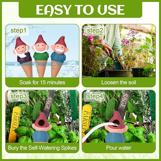 Teenyyou 7 Pcs 3.4 Fl oz Terracotta Self Watering Spikes Cute Gnomes Auto Water Planter Insert Small Watering Globes Slow Vacation Waterer Devices Indoor Outdoor House Plant Accessories
