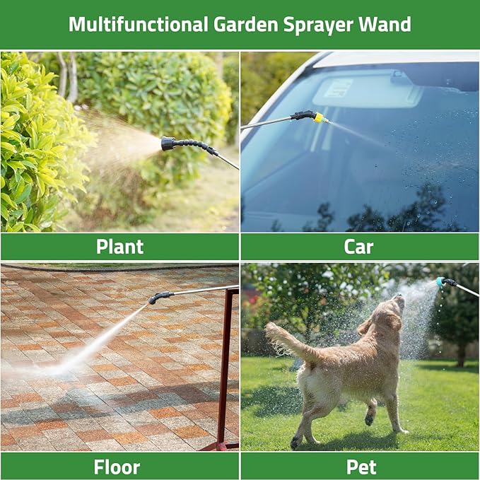 DOUBFIVSY Battery Powered 33" Garden Sprayer Wand, 3 Adjustable Speeds, 4 Mist Nozzles, 10 FT Hose, Black, ABS Handle, Stainless Steel Tube, Lawn & Garden Sprayer