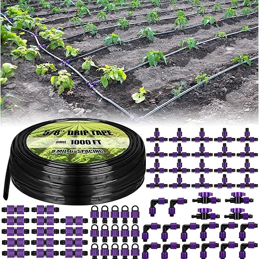 Tondiamo 1000' 5/8 Inch Drip Tape Irrigation Tubing Kit 8 Mil 6" Spacing Garden Hose Watering Tube Line Automatic Equipment for Garden Irrigation System Farms, Landscape, Lawn