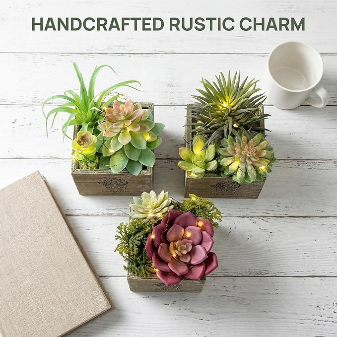 Mingfuxin Small Fake Plants, 3 Packs Mini Succulent Plants Artificial with Led Lights for Indoor Bathroom Bedroom Desk Office Decor