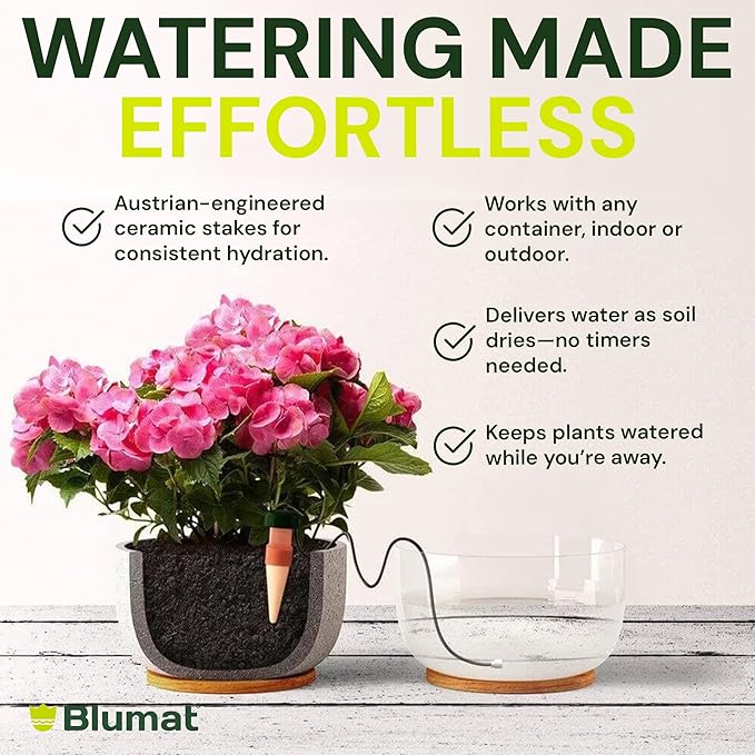 Blumat Classic Self-Watering Stakes - Prevents Overwatering and Underwatering for Healthy Growth While You are Away - Ideal for Indoor Plant Watering, 9 Pack, w Adapter
