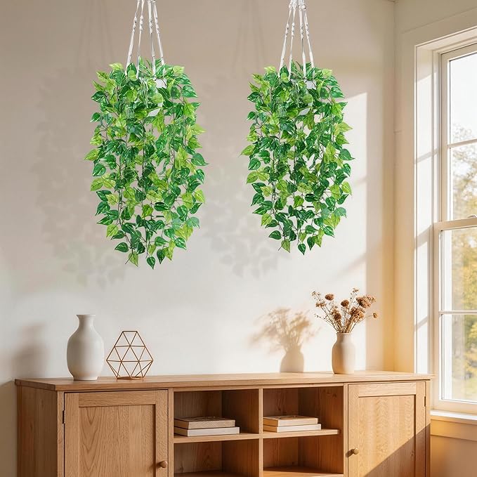 DREAMLOOM Fake Hanging Plants with Pot, Artificial Pothos Hanging Plants with Macrame Hanger for Indoor Decor, Fake Hanging Vines Faux Greenery for Home Kitchen Office