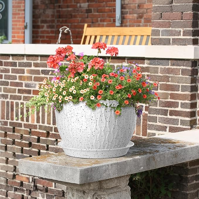 Meowell 12/10/9 inch Large Flower Pots, 3 Set Big Plant Pots for Outdoor Indoor Plants with Water Ripples, Wide Plastic Planters with Drainage Holes and Saucers for Garden House Plants, Speckled White
