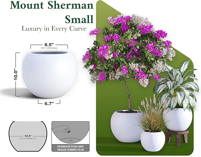 DTY Mount Sherman 12.6" D x 10'' H (Pot Opening 8.5") Fiberstone Round Planter with Drainage Hole, Smooth Finishes, Weather Resistant for Indoor and Outdoor, 2 Extra Coco Mats - White, Small