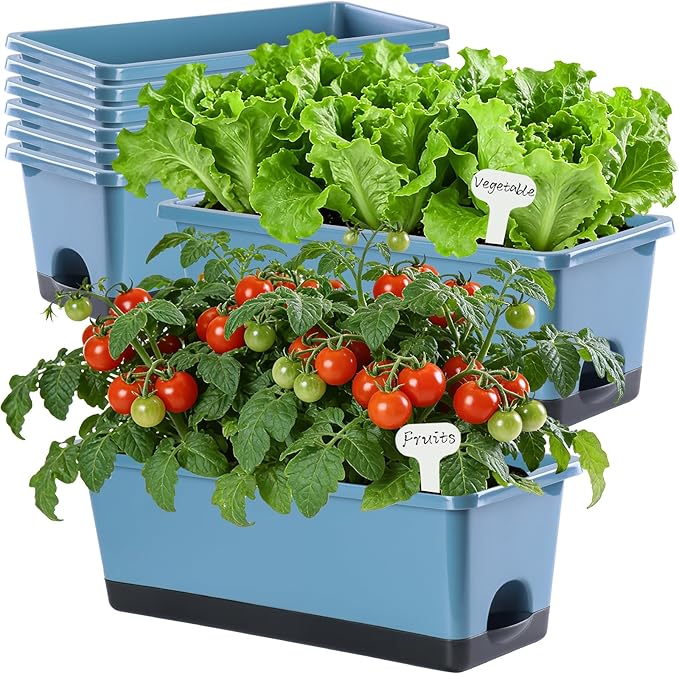 Oliz Window Box Planter 8 Pcs, 17 Inches Rectangle Flower Pots with Drainage Holes and Trays, Vegetable Planters for Windowsill Patio Garden Balcony Home Porch Yard Indoor Outdoor (Blue)
