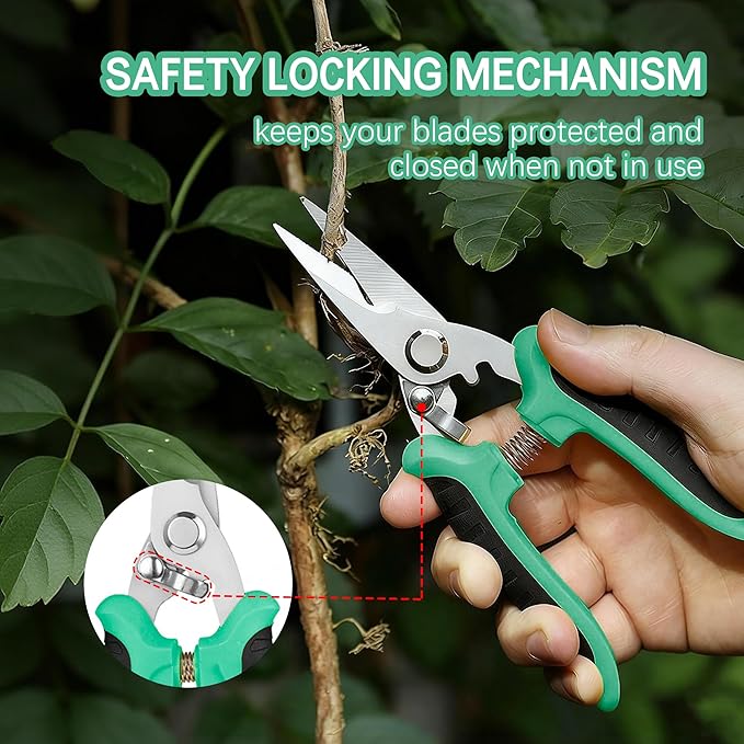 3PCS Garden Pruning Shears Set - Heavy Duty Bypass Pruners, Sharp Stainless Steel Gardening Scissors with Ergonomic Handle, Secateurs for Plants, Flowers, Fruit Trees, Bush Trimming (Green)